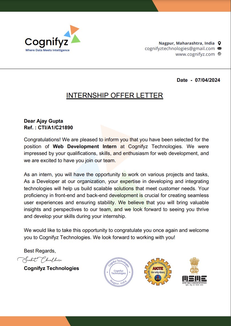 Guptaji__ajay's tweet image. 🚀 Super stoked to share some awesome news with all of you! 🚀

Just got offered an internship by the incredible folks over at Cognifyz Technologies! 🌟 
#Cognifyz #CognifyzTech #CognifyzTechnologies #InternshipOffer #TechLife #GameOn 🚀#InternshipOffer #TechLife #GameOn 🚀