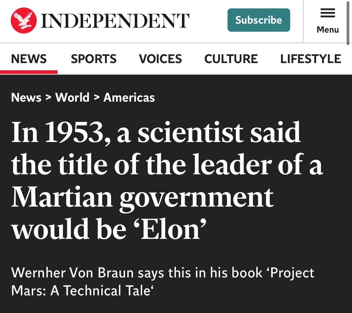Just a reminder that a German scientist named Wernher von Braun wrote a book in 1953 called ‘Project Mars’ in which the title of the leader of the Martian government would be ‘Elon’