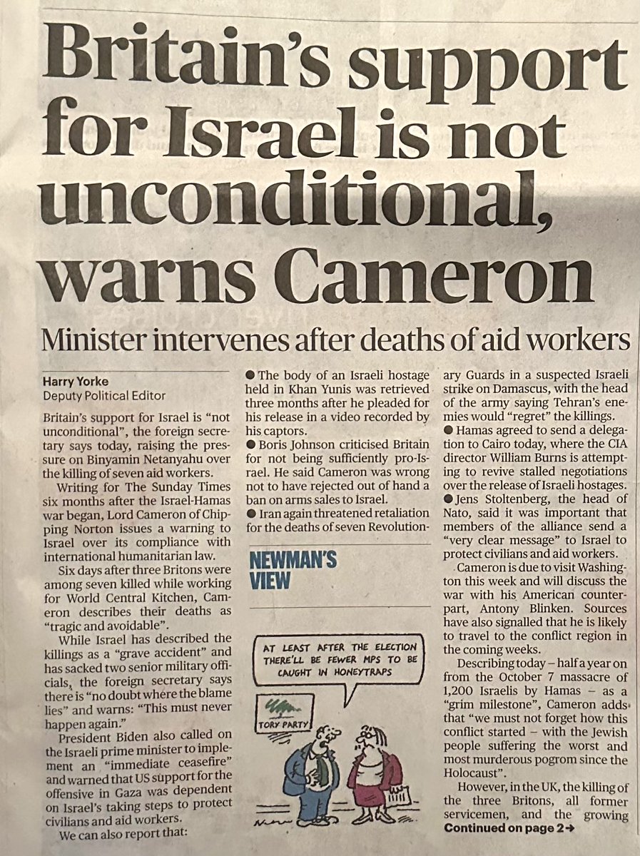 Hamas deliberately killed 10 Brits on Oct 7 and still Brits are being held hostage. But when 3 are accidentally killed by the IDF in its defensive war against Hamas, Cameron threatens Israel. This is not the language of a friend. Disgraceful.