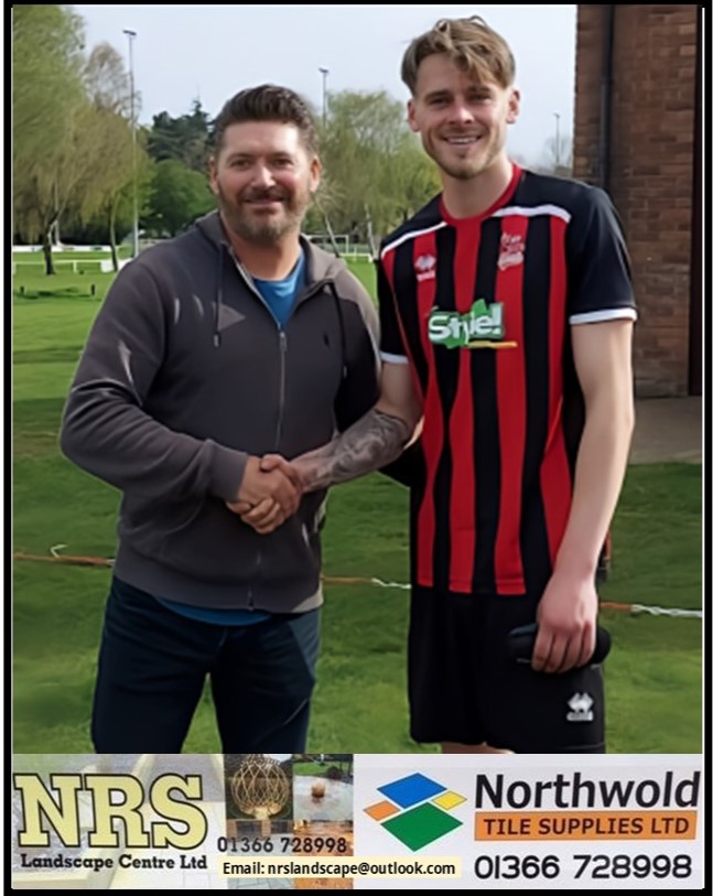 Tom Walters receives the NRS Landscape Centre Ltd MOTM award from Vice-President Tim Whitehead, for a strong performance in adversity! On a difficult day of injuries, call-offs and high winds the Stags slumped to defeat at the hands of Easton FC.