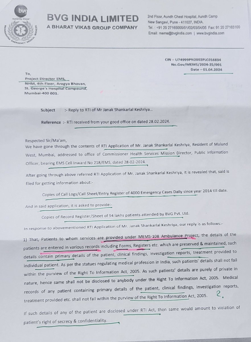 Our #RTI to #Commissioner #Health services for details of Call logs/Call sheet  of handling 4000 #emergency cases by Ms #BVG India- #108 #Ambulance Services.

The record should be available with Health dept. but instead BVG India replies &amp; rejects the #information on privacy