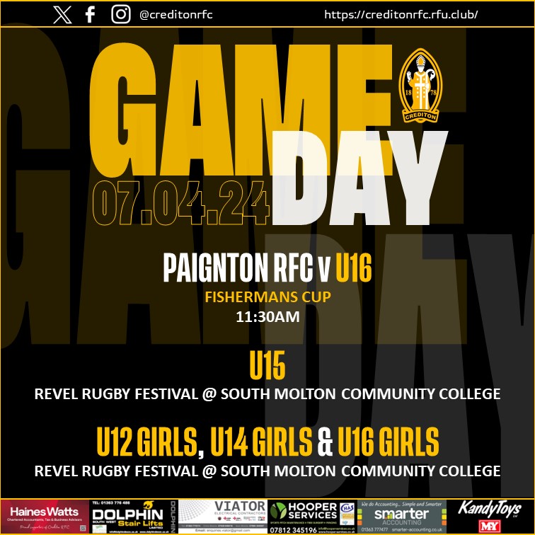 𝗚𝗔𝗠𝗘𝗗𝗔𝗬!

The 𝗨𝟭𝟲 𝗕𝗢𝗬𝗦 round off their <a href="/DevonRFU/">Devon RFU</a>  Fishermans Cup campaign at <a href="/PaigntonRFC/">Paignton Rugby Club</a> while the 𝗨𝟭𝟱 𝗕𝗢𝗬𝗦, 𝗨𝟭𝟮, 𝗨𝟭𝟰 &amp; 𝗨𝟭𝟲 𝗚𝗜𝗥𝗟𝗦 head to <a href="/southmoltonrfc/">South Molton RFC</a> for the Revel Rugby Festival

#kirton #blackandamber #onebigclub 🖤💛 <a href="/swsportsnews/">South West Sports News</a>