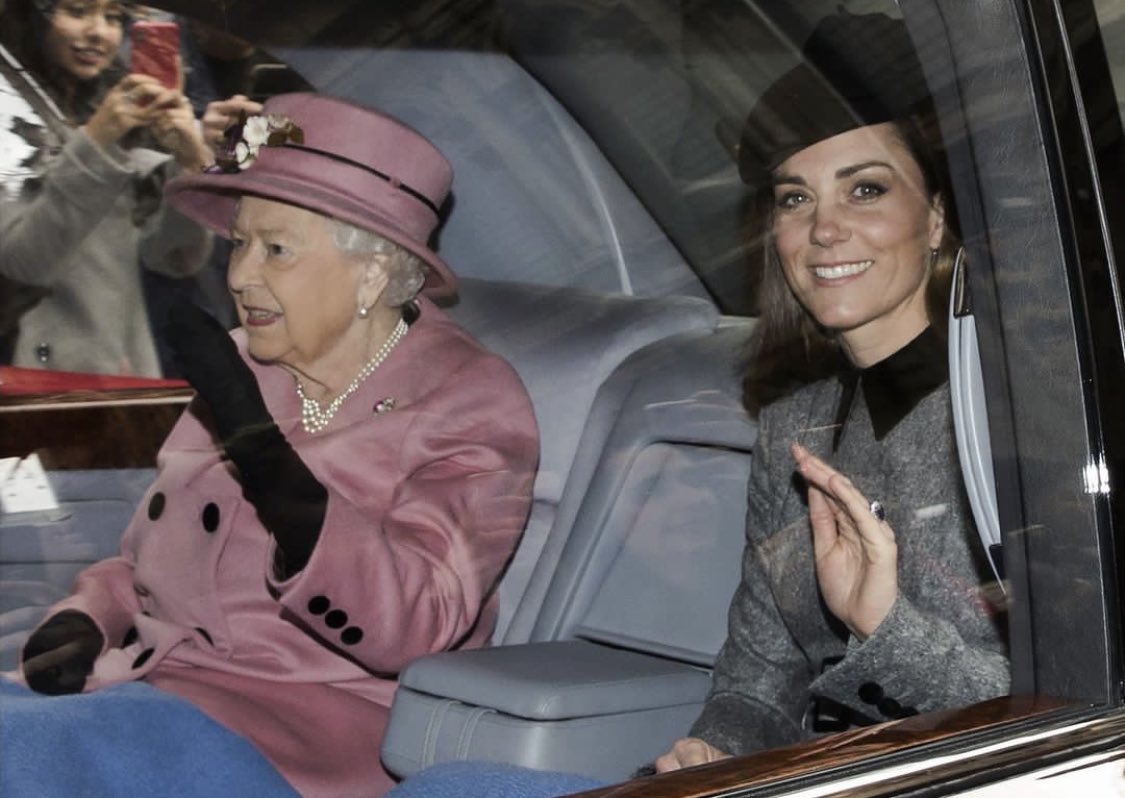Queen Elizabeth II and Catherine, The Princess of Wales (then Duchess of Cambridge) sharing a blanket in the car, 2019. #QueenElizabethII #PrincessofWales