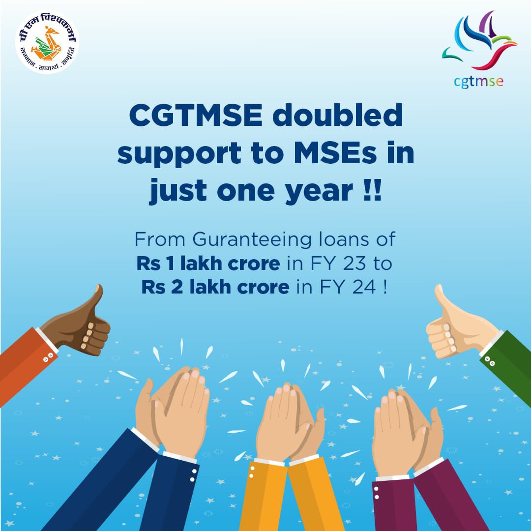 CGTMSEOfficial's tweet photo. We have developed a habit of achieving the unachievable !! After guaranteeing 1 lakh crore loans in FY 23, loans of 2 lakh crore to MSEs guaranteed this FY !!

#cgtmse #financialyear #bank #TeamworkMakesTheDreamWork #teamwork #banking #loan https://t.co/VsbVQa8xFm