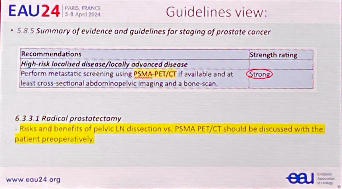 Hot debate on role of ePLND for #prostatecancer in context of -ve PSMA-PET at #EAU24 plenary @declangmurphy vs @delataillealex - @Uroweb guidelines updated: stronger recommendation for use of PSMA-PET to stage & weaker for ePLND