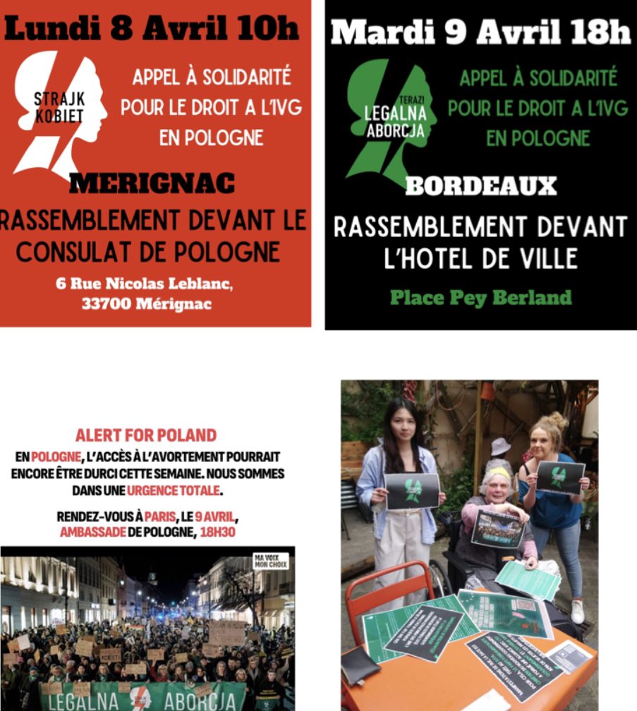 Mobilisations en soutien aux femmes polonaises Merignac, Consulat de Pologne, lundi 8 avril 10h Bordeaux, Hôtel de Ville, Mardi 9 avril 18h Paris, Ambassade de Pologne, mardi 9 avril 18h30 #AlertForPoland #MyVoiceMyChoice #MaVoixMonChoix #SolidarityWithPolishWomen