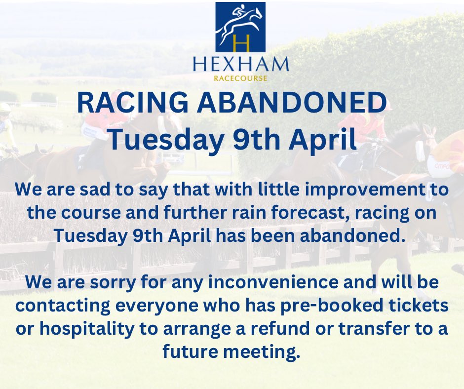 Sadly racing on Tuesday 9th April has been abandoned.