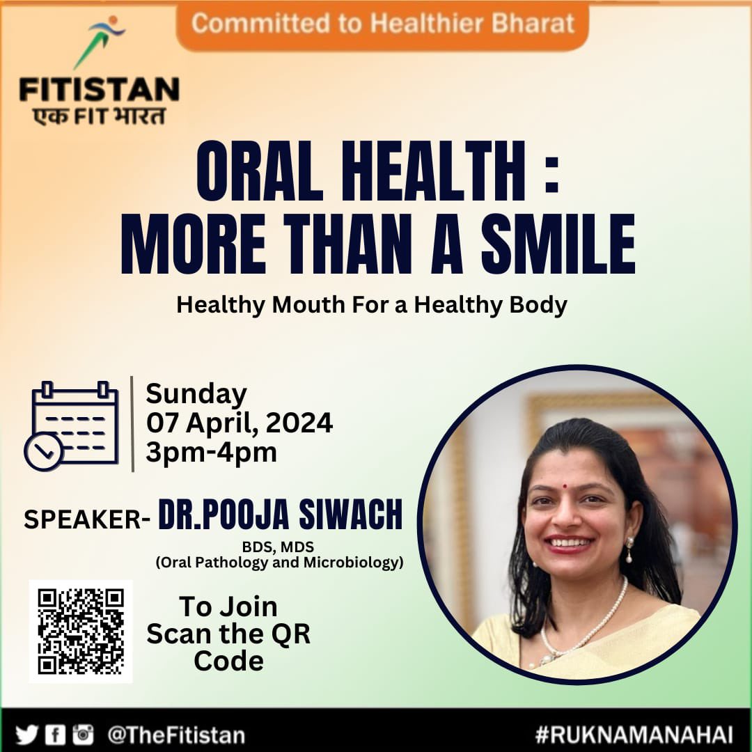 Today on #WorldHealthDay join this webinar on very important health issue -‘Oral Health’ with renowned dentist Dr Pooja Siwach at 3 PM,Sunday on Google Meet.Plz register at 👇docs.google.com/forms/d/e/1FAI…
#Fitistan #EkFitBharat 🇮🇳