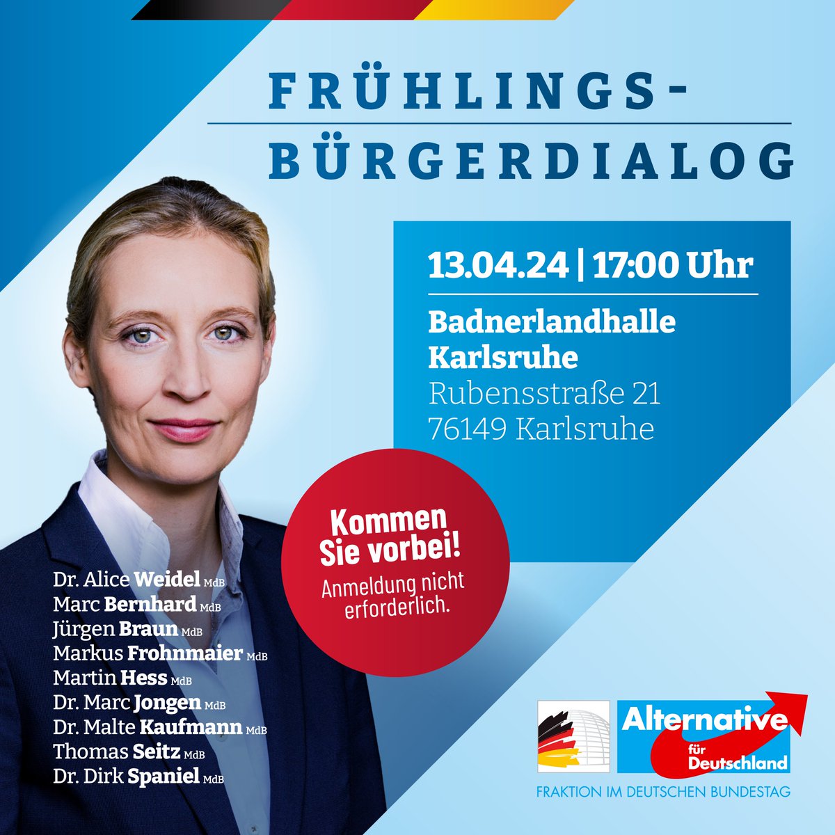 Kommt alle zahlreich kommenden Samstag nach Karlsruhe zum Bürgerdialog der #AfD-Bundestagsfraktion, Landesgruppe Baden-Württemberg. Wir freuen uns auf das Treffen!