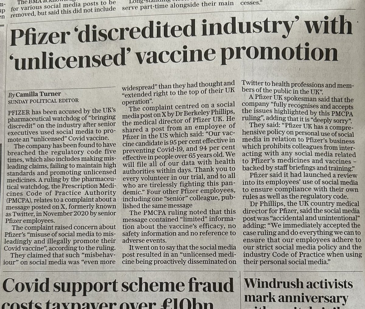 BREAKING SUNDAY TELEGRAPH: Pfizer discredited industry with unlicensed vaccine promotion ‘Pfizer misused social media to misleadingly and illegally promote their covid vaccine’ ‘This messaging contained limited information about the vaccine’s efficacy, no safety information &…