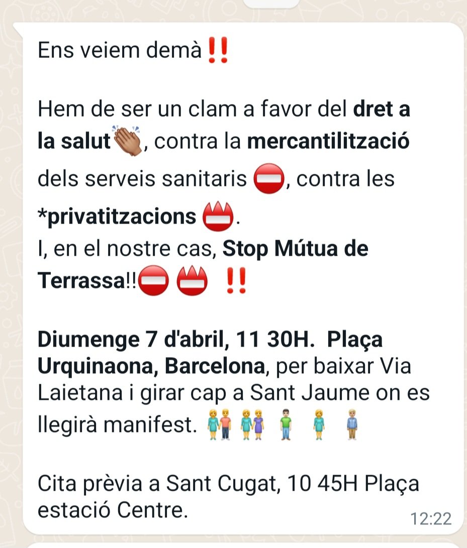 Ens veiem en una estona!! La nostra salut no està en venta!!