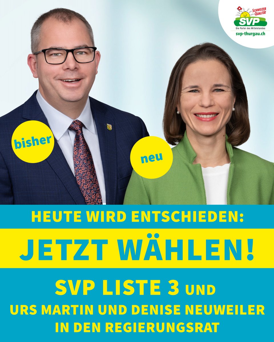 Heute wird entschieden! Falls Sie noch nicht gewählt haben, haben Sie heute nochmals die Chance Ihre Stimme abzugeben.

SVP Liste 3 und Urs Martin und Denise Neuweiler in den Regierungsrat! 🇨🇭🗳️