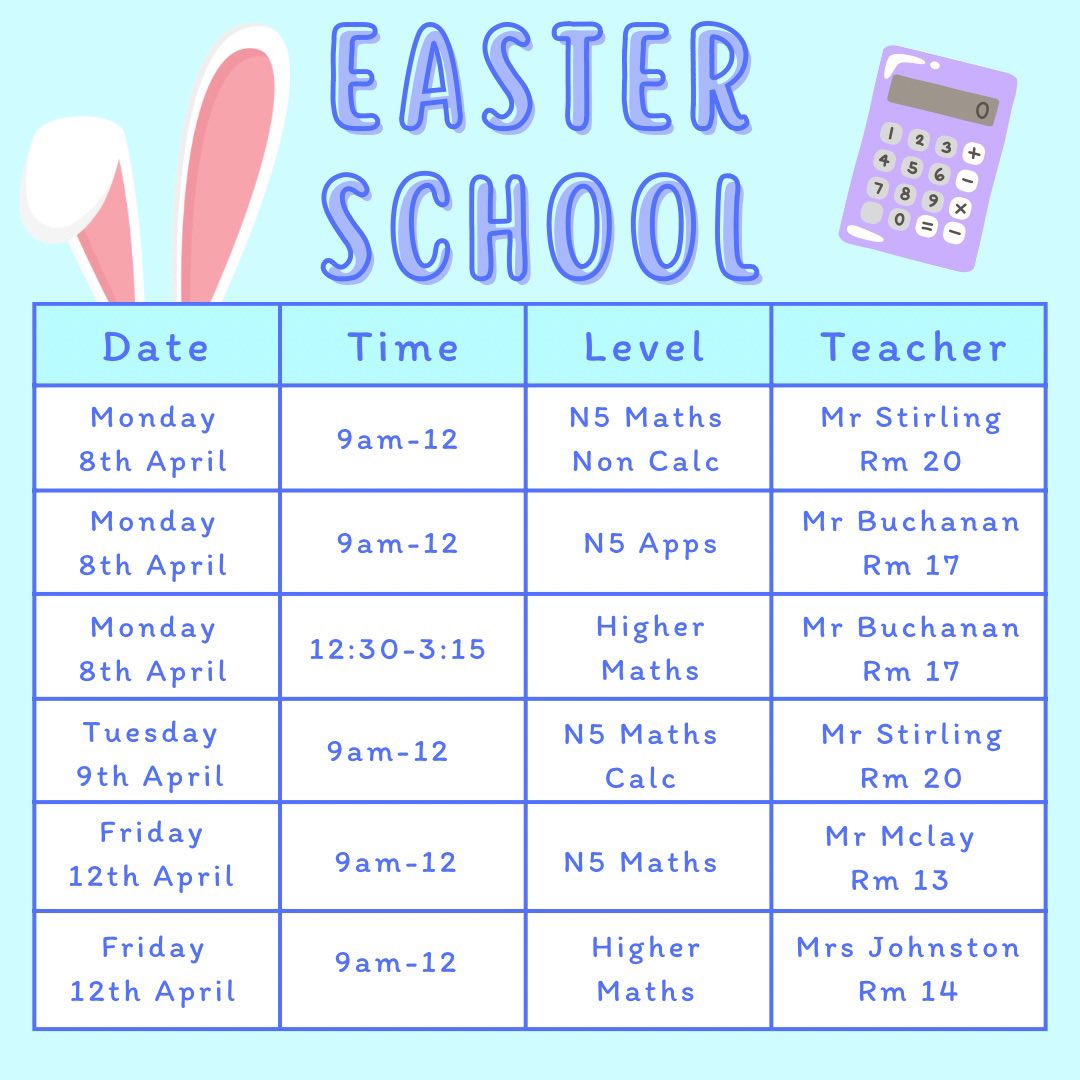 A reminder of the Maths Easter school sessions that will be running this week - starting today🐣➖➕➗ <a href="/GHSfalkirk/">Graeme High School</a>