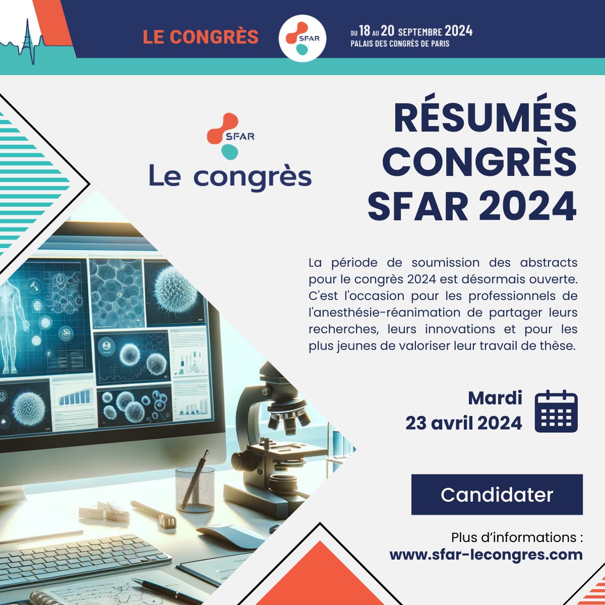 📢 Soumettez votre résumé pour le congrès SFAR 2024 ! ✍️ Vous avez jusqu'au 23 avril minuit pour candidater ➡️ srv2.key4events.com/key4register/?… @AJARFrance @SNPHARE @SNJeunesAR @SyndicatSnarf @IADE_de_France @contactfnir @cnear_fr @ISNItwit @SNIA75 @SFARJeunes