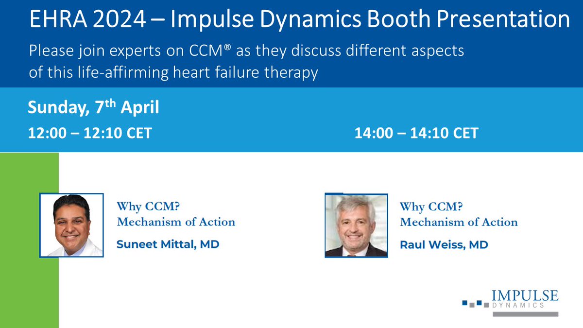 An exciting first day of EHRA 2024! Impulse Dynamics is here, in Berlin, come visit the booth (#C580) and see in-booth presentations at 12:00 and 14:00 CET today. 
#medicaldevices #heartfailure #CCM #epeeps #ImpulseDynamics #ehra2024