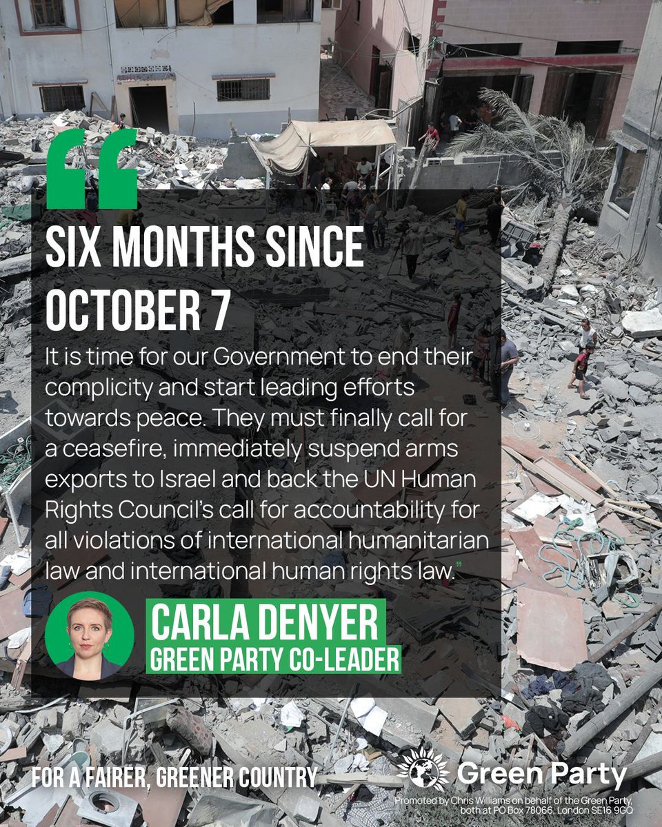 The Green Party has repeated its call for a full bilateral ceasefire, the release of all hostages, the suspension of arms exports to Israel, and for the Netanyahu government to be held accountable for possible war crimes, six months on from the 7 October attacks by Hamas.