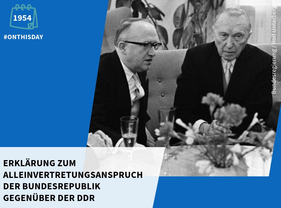 #OnThisDay vor 70 Jahren erklärt die #Bundesrepublik sich zur alleinigen Vertretung der Deutschen. Staaten, die die #DDR anerkennen, werden gemäß der Hallstein-Doktrin sanktioniert. Ab den 1960ern wird die Doktrin schrittweise inkonsequenter angewandt und verliert an Bedeutung.