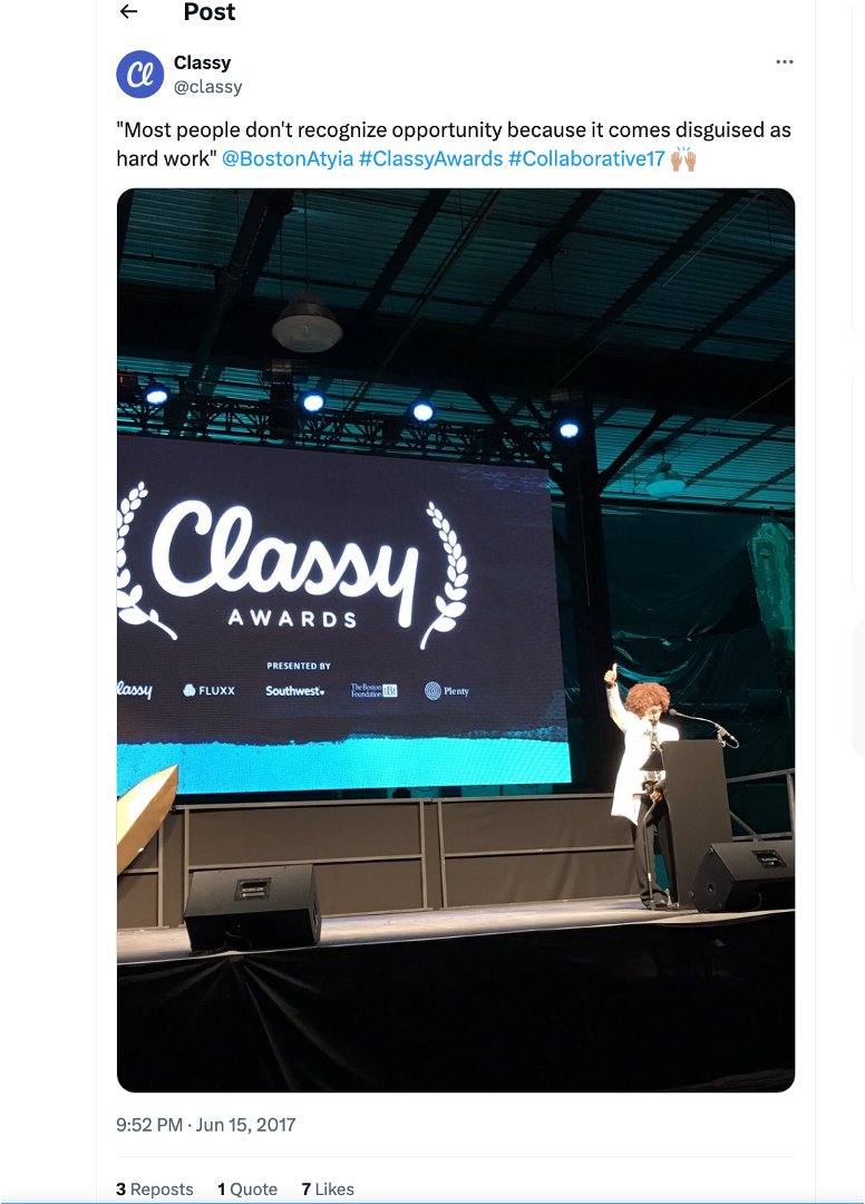 In 2017, I had the privilege of presenting at the Classy Awards where I shared my favorite quote: 'Most people don't recognize opportunity because it comes disguised as hard work.' I originally found it as unattributed on a Salada Tea Bag tag in 2007. x.com/classy/status/…