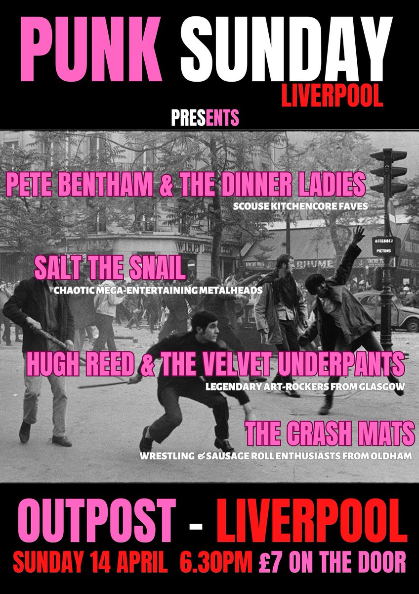 Only a week to this banger on Sunday 14 April at Outpost Liverpool with Pete Bentham and the Dinner Ladies, 𝕊𝕒𝕝𝕥 𝕋𝕙𝕖 𝕊𝕟𝕒𝕚𝕝, Hugh Reed and The Velvet Underpants and The Crash Mats. Early start/early finish for Sunday 6pm - 10pm. Info here: fb.me/e/1OcItCPGh