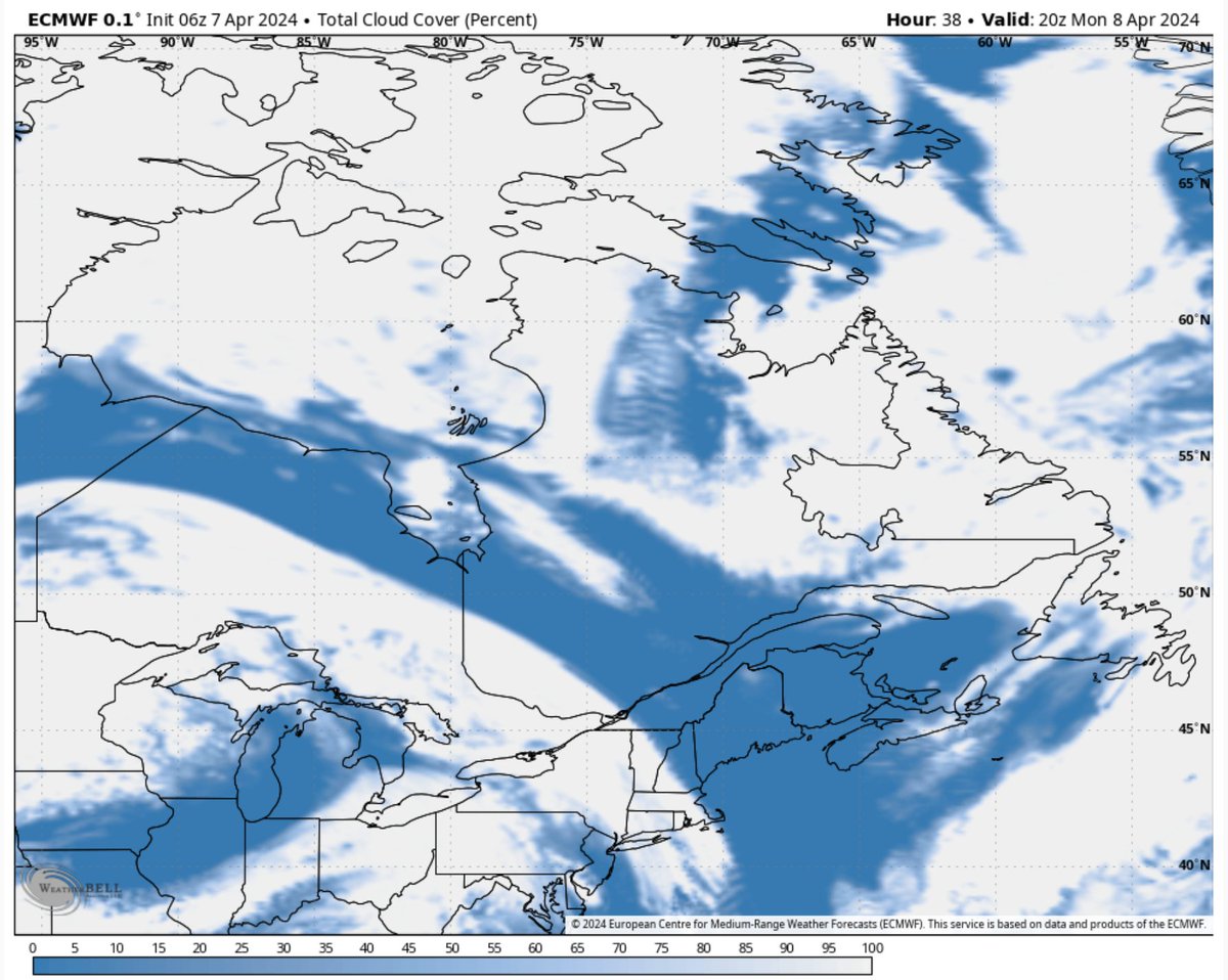 Aperçu de la probable couverture nuageuse demain après-midi selon votre région pour observer l'éclipse. Enjoy 😎