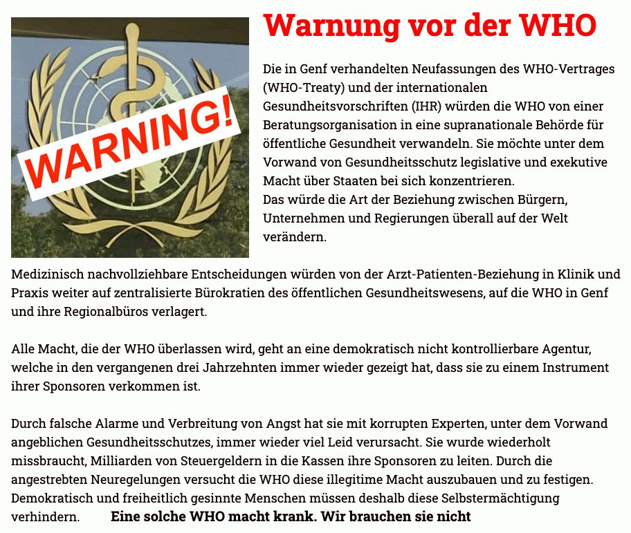 Wer seine und die Gesundheit anderer Menschen schützen will, muss seine politischen Vertreter dazu bewegen, die #WHO_Pläne abzulehnen und zu verhindern. Text der Warnung zur Weiterverbreitung hier: wodarg.com