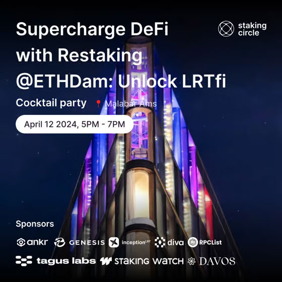 Staking Circle (@stakingcircle) on Twitter photo 🤝 Join ETHDam - Come to "Supercharge DeFi with Restaking #ETHDam: Unlock LRTfi"
We will be hosting a Cocktail Party during ETHDam - <a href="/CryptoCanal/">CryptoCanal priv/acc</a> to discuss the latest advancements and opportunities in the liquid restaking space.
⌛Friday, April 12
5:00 PM - 8:00 PM GMT+2
📍 🤝 Join ETHDam - Come to "Supercharge DeFi with Restaking #ETHDam: Unlock LRTfi"
We will be hosting a Cocktail Party during ETHDam - <a href="/CryptoCanal/">CryptoCanal priv/acc</a> to discuss the latest advancements and opportunities in the liquid restaking space.
⌛Friday, April 12
5:00 PM - 8:00 PM GMT+2
📍