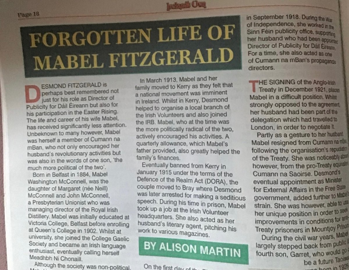 Final plug for this one which was published earlier in the week. My article on Mabel FitzGerald -an Irish language enthusiast, CnB member and Easter Rising participant. She married Desmond FitzGerald who would become a FS gov minister. RTs welcome. Thanks!