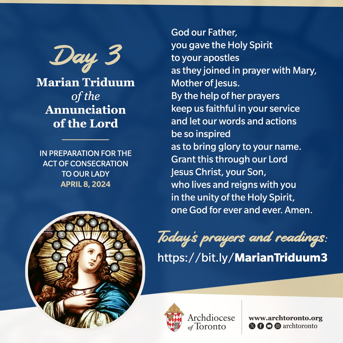 Today is day 3 of the Marian Triduum of the Annunciation of the Lord, in preparation for the archdiocesan Consecration to the Blessed Virgin Mary on April 8. See today's prayers and readings: bit.ly/MarianTriduum3