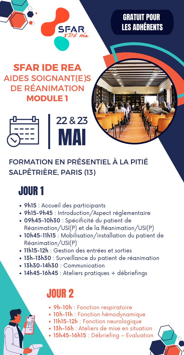 🚨 SAVE THE DATE 🚨

📆 Les 22 &amp; 23 mai, venez assister à la formation aides soignant(e)s de réanimation du comité IDE Réa

✅ Gratuit pour les adhérents

✍️ Inscription ➡️ sfar.org/evenement/form…

<a href="/fnasapr/">FNASAPR</a> <a href="/contactfnir/">Fédération Nationale des Infirmiers de Réanimation</a>