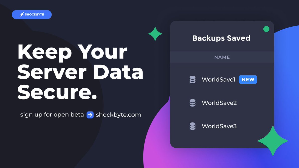 We've made your server backups even more secure! 🔐 By storing your files separately, we've ensured your backups are safe even if something happens to your server files! 😤 Sign up for the free Shockbyte Control Panel beta to try! ⚡ 🔗shockbyte.com/panel