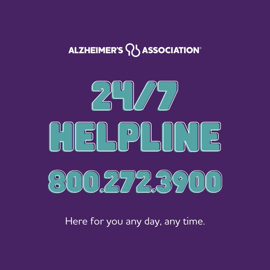 Our 24/7 Helpline is available around the clock, 365 days a year. Through this free service we offer confidential support and information to people living with dementia, caregivers, families and the public. 800.272.3900 | alz.org/helpline