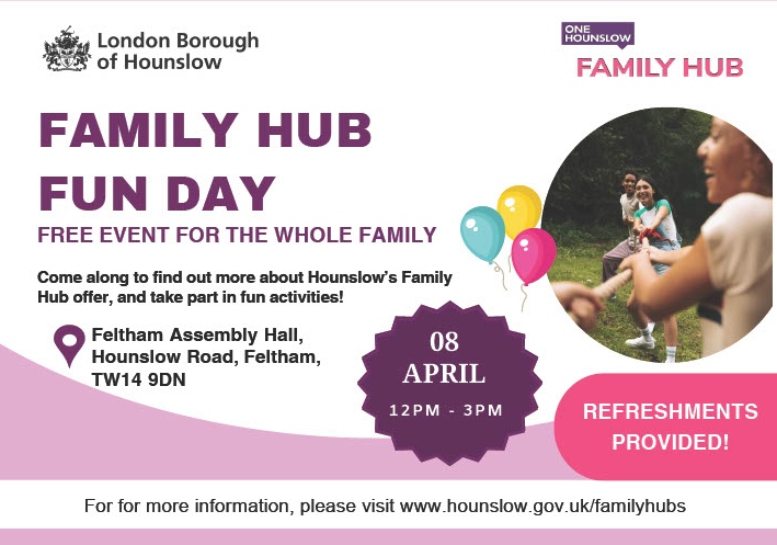 Calling all #Hounslow families, join Family Hub's first FREE Family Fun Day at #Feltham Assembly Hall, TW14 9DN, 12pm-3pm on Monday 8 April. Get information about services & support from 3 Family Hubs. Children can take part in some fun activities too! fsd.hounslow.gov.uk/SynergyWeb/Fam…