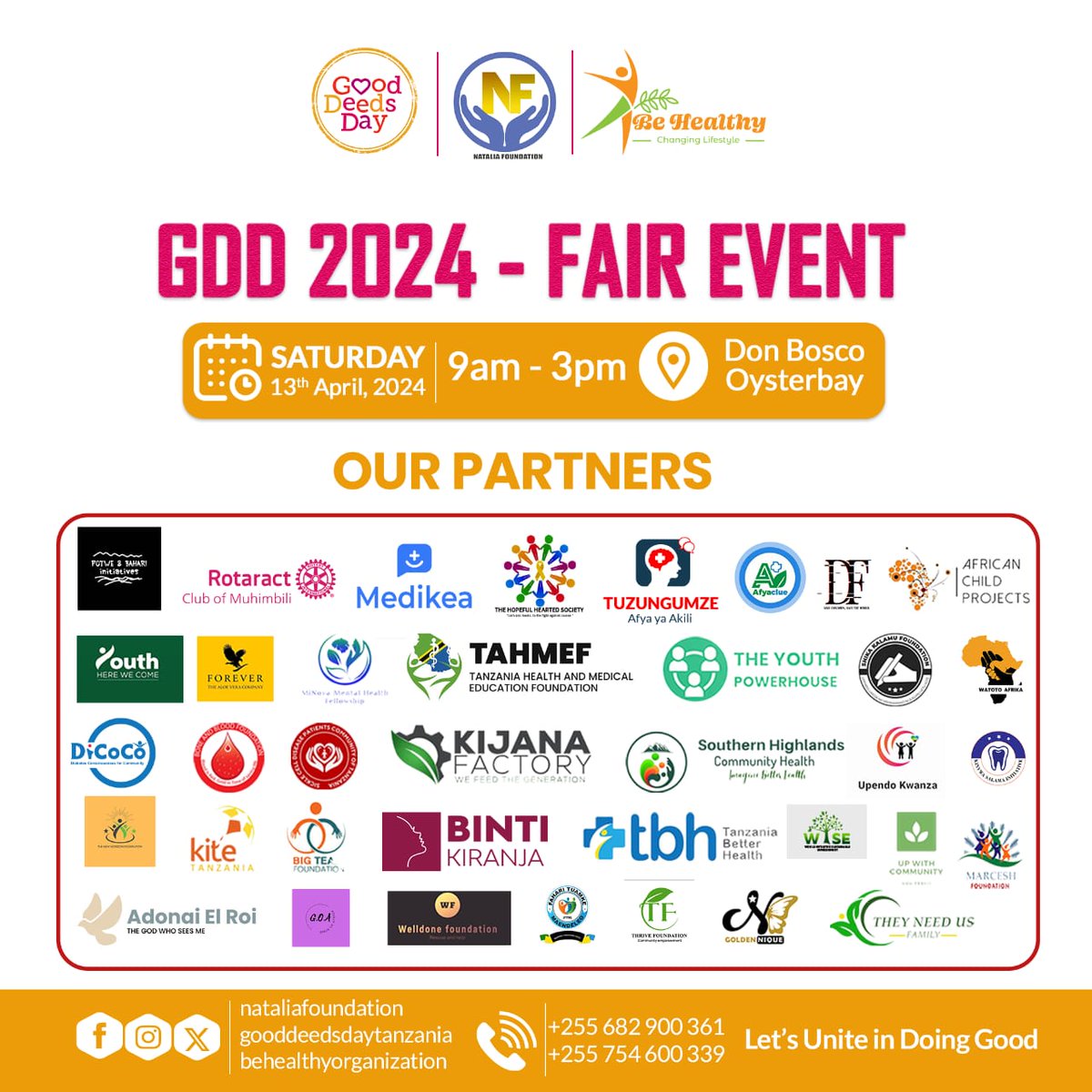 6 days left until the Good Deeds Day - Fair Event! 

Join us on April 13th at Bon Bosco - Oysterbay from 9am to 3pm for a day filled with kindness and community spirit. 

Don't miss out 

Free &amp; Open to Everyone!
Free GDD T- shirts 👕 

#Countdown #GoodDeedsDay #GDD2024
