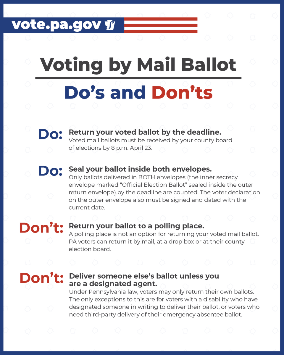 Voting by mail ballot this election? Here are some dos and don’ts for casting your mail ballot. Completed mail ballots must be received in our office by 8 p.m. on Election Day, April 23.

#ReadytoVotePA