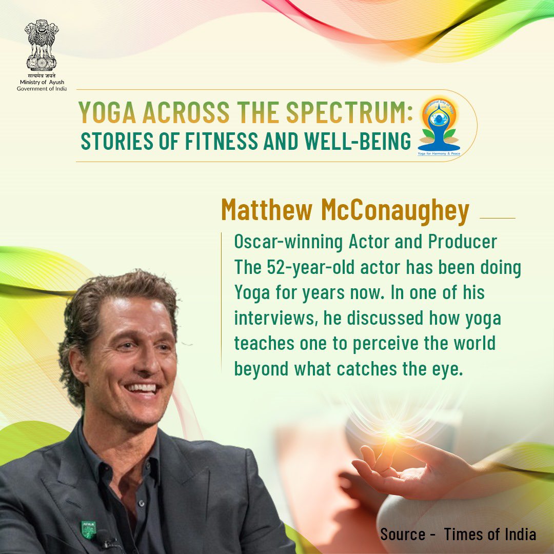 Oscar-winning actor and producer Matthew McConaughey, aged 52, has been a dedicated practitioner of Yoga for several years. For him, Yoga is not just a physical practice but also a mental and spiritual journey. #YogaAcrossTheSpectrum #IDY2024 #InternationalDayofYoga2024