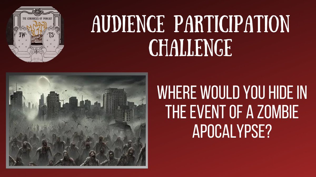 Audience Participation Challenge The question this week is, in the case of a Zombie apocalypse. Where would be the best hiding place? Let me know! #zombie #apocalypse #hidingplace #plan #tcopod #thechroniclesofpodcast #audienceparticipation #audience #participation