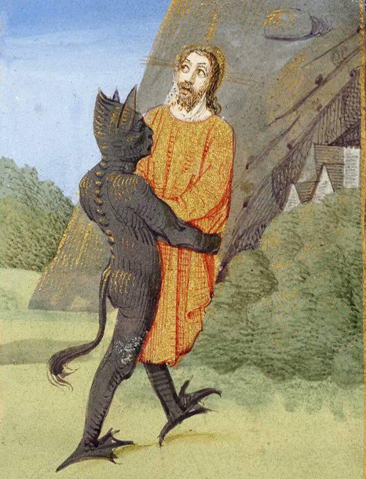 Fransa’da yapılmış, Orta Çağ’dan kalma bir tasvir; “İsa’yı taşıyan Şeytan”, 1470-75
