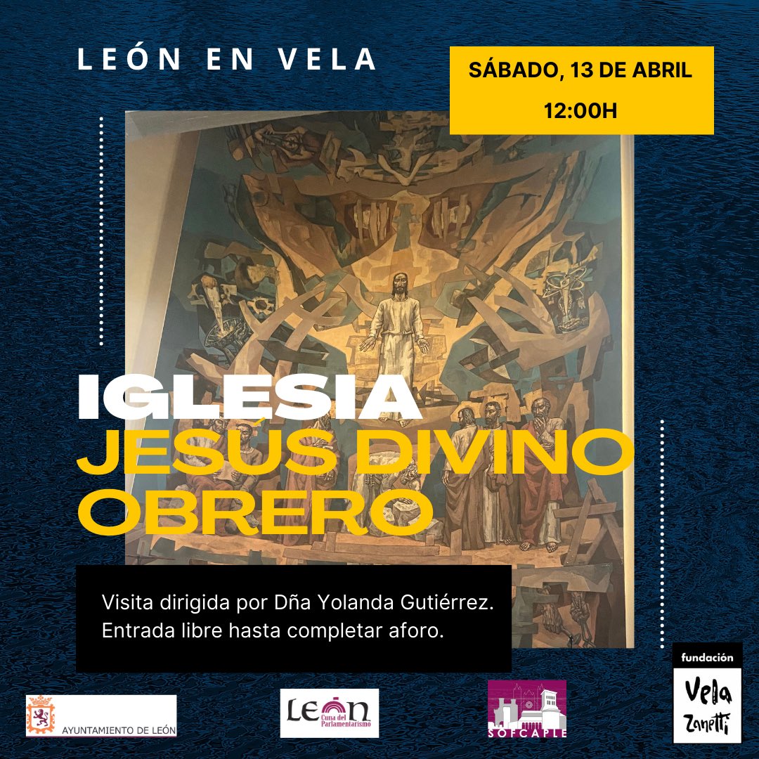 🚨Seguimos con el recorrido “LEÓN EN VELA” por los murales de José Vela Zanetti en León. Próxima cita: 📍Iglesia Jesús Divino Obrero C/ Víctor de los Ríos n°25 🗓️sábado, 13 de abril ⏰12:00h. @AytoLeonCultura @LeonAyto #fundacionvelazanetti #leonenvela #pinturamural