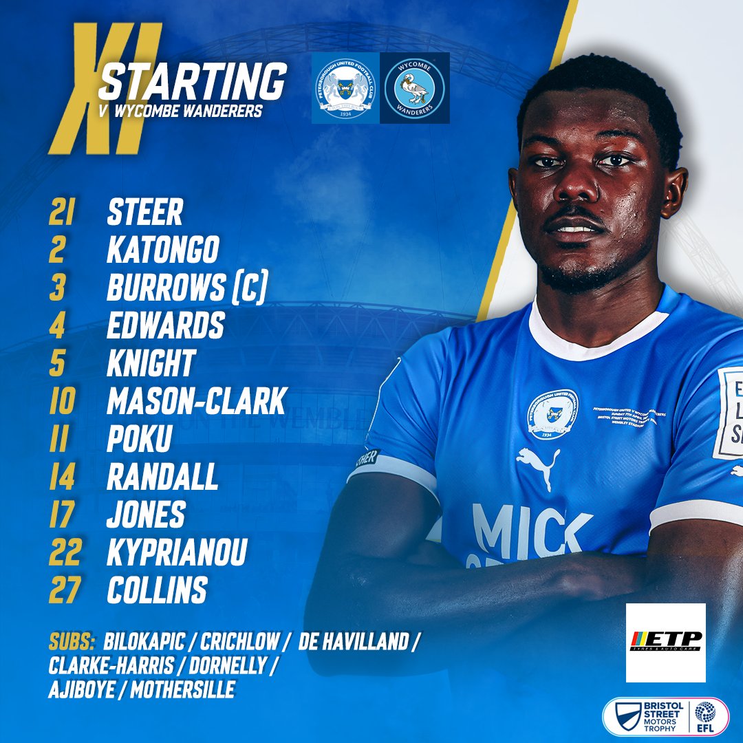 Your cup final line-up for today’s Bristol Street Motors Trophy Final against Wycombe Wanderers. Team line-up's brought to you by @EtpAutoCare. #PETWYC #pufc