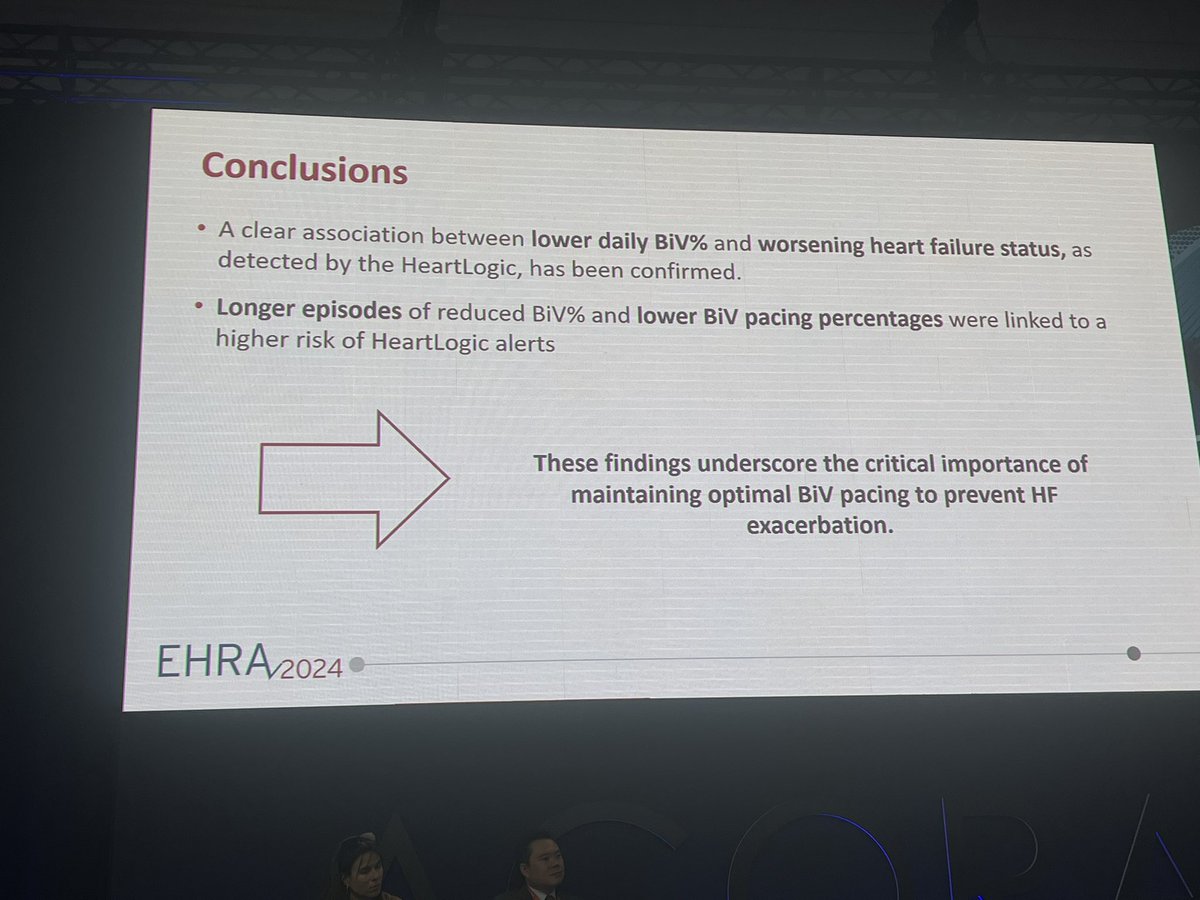 #EHRA2024 BiV pacing percentage…. Is important to be detected… But: Is BiV pacing percentage a modifiable risk factor or a useful risk factor? Nice point to think about…. @Dominik_Linz @simovicst @BetzKonstanze @PriyaPBK @HenrikeHillmann @Raquel_Adelino @rbcasado