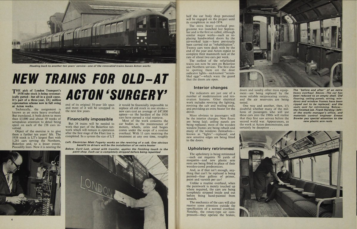 #London #Transport (LT) Magazine (Vol. 25, No. 1 - April 1972) clipping:
The refurbishment of the 1938 Tube Stock #trains, which were used for the Underground's Bakerloo, Northern and Piccadilly lines at a cost of £1¼ million.