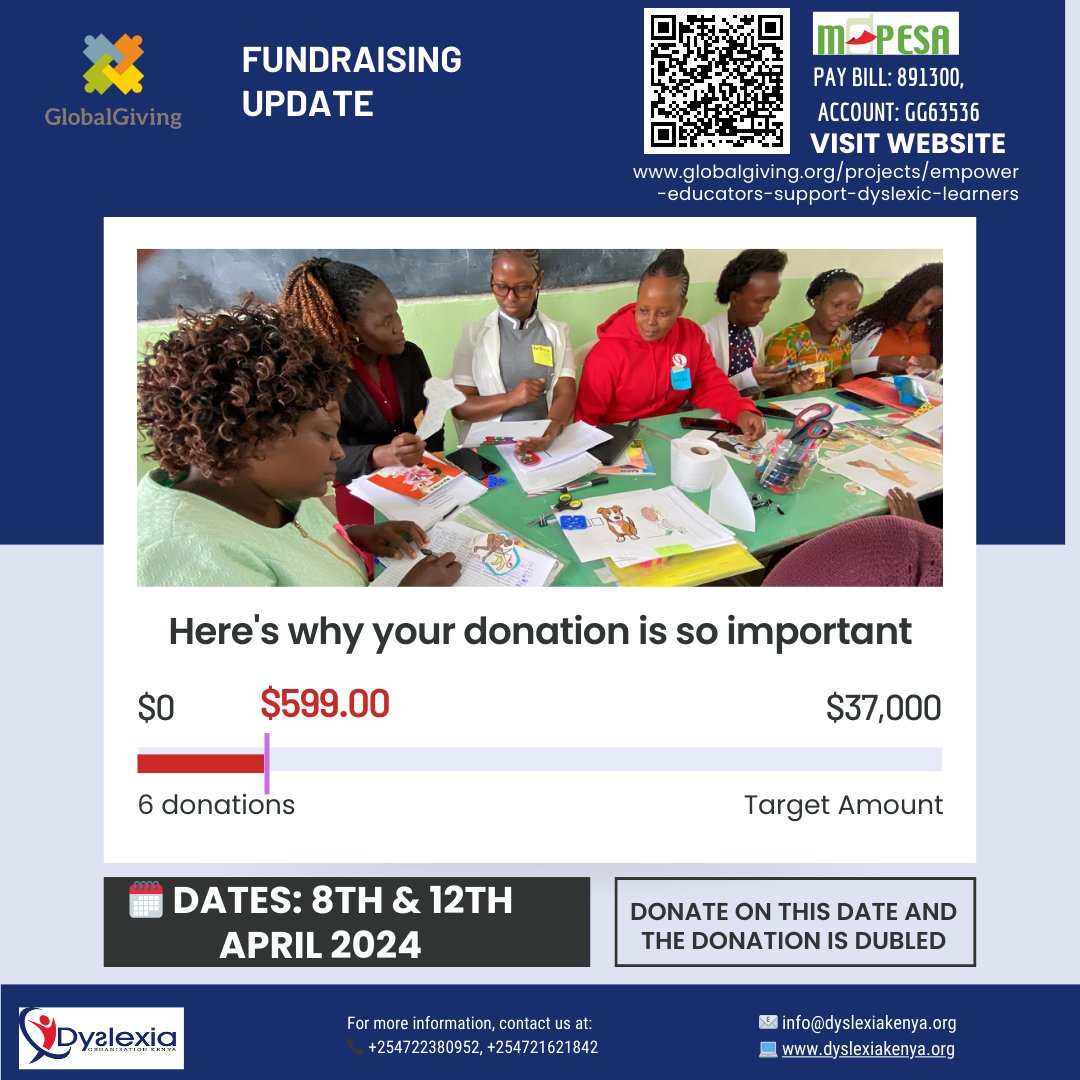 '🌟 Join us on April 8th - 12th to empower educators and support dyslexic learners in Kenya! 💙✨ Double your impact with our fundraising event! 🤝💰 Learn more and donate: globalgiving.org/projects/empow… #Kenya #nairobi #globalgiving #dyslexic #dyslexia