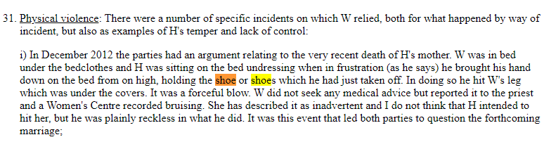 Bears cp of thread web.archive.org/web/2022040619… & judgment bailii.org/ew/cases/EWFC/…: at points, critique seems ?-able, eg shoe incident (which W called 'inadvertent'). I hope, whatever outcome, there's no needlessly wide statement of principle that inhibits fair comment on cases.