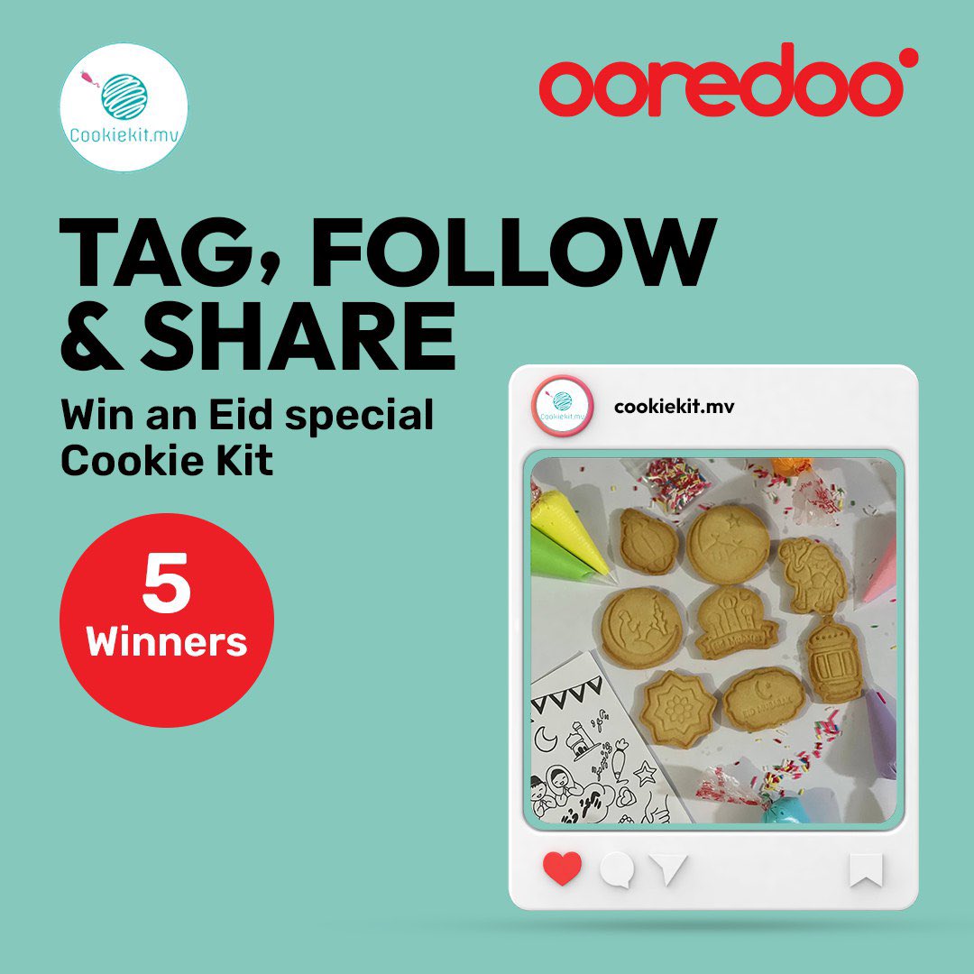 ✨ Ooredoo Eid Giveaway ✨ We are so excited to gift a special Eid Cookie Kit to 5 lucky winners! To stand a chance to win: ✨ Follow us and @cookiekit.mv on Instagram ✨ Retweet this post ✨ Tag a friend in the comments with the hashtag #OoredooEidGiveaway Deadline: