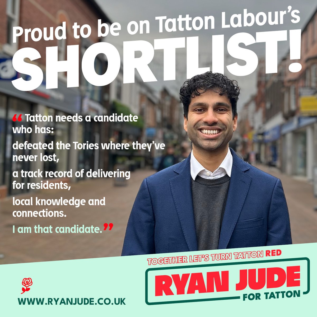 RyanJudeGreen's tweet photo. Proud to announce that I am on the shortlist to be Labour’s parliamentary candidate in Tatton.

With the right candidate, we can win in Tatton. With my experience defeating Tories, delivering for residents, policy expertise &amp; local knowledge, I am that candidate. https://t.co/zy92O7GXyI