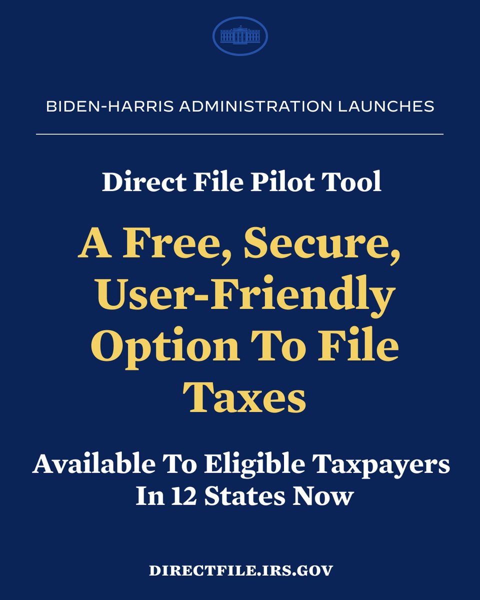 Because of my Inflation Reduction Act, Americans in 12 states now have a free, secure, and easy option to file taxes directly with the IRS.

Head over to DirectFile.IRS.gov today to check your eligibility.