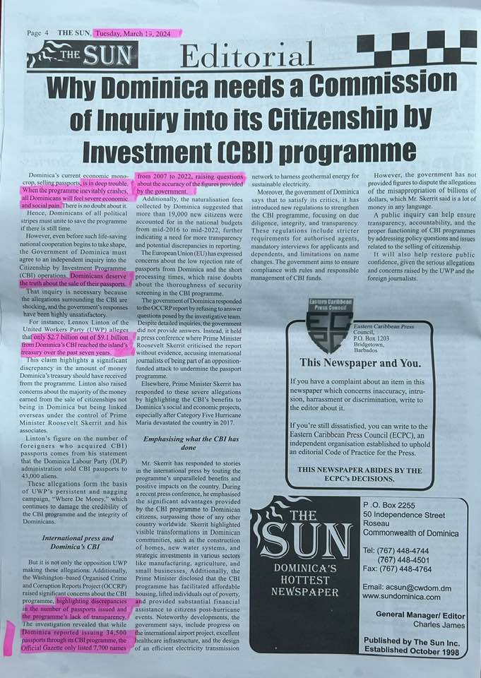 The Sun Newspaper, Dominica, 19 March 2024.
The striking thing the paper states is “Dominica reported issuing 34,500 passports through its CBI programme, the Official Gazette only listed 7,700 names from 2007 to 2022 ....”.