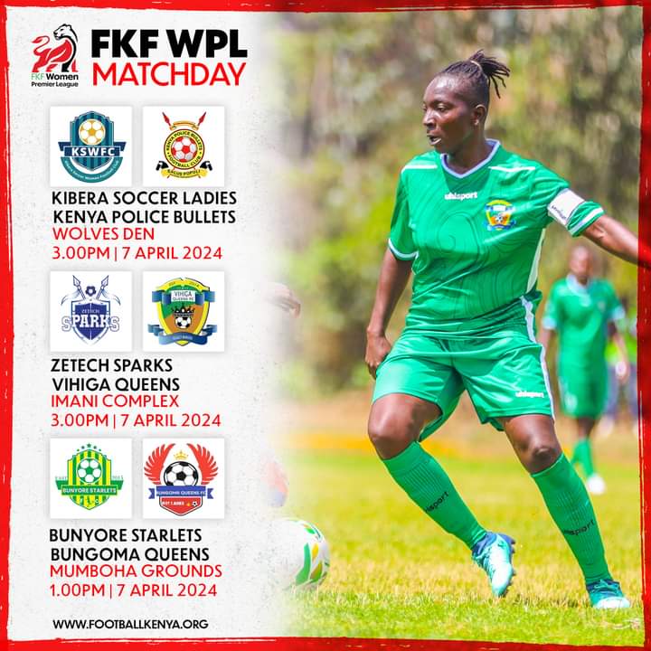 UPDATE FKF Women Premier League Sunday Fixtures. Kibera Soccer Ladies Vs Kenya Police Bullets FC. 🏟 Wolves Den 🕒 3pm Zetech Sparks Vs Vihiga Queens 🏟 Imani Complex 🕒 3pm Bunyore Starlets Vs Vihiga Queens. 🏟 Mumboha Grounds. 🕐 1pm #kenyansoccer #FKFWPL