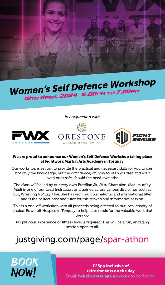 Make a difference with us!
Join our charity event dedicated to Rowcroft Hospice. Come and join us at our women's self defence workshop! 

To book your place call Bekki on 01803 659659 or email Bekki.wratten@sjpp.co.uk

#CharityEvent #ImpactfulGiving
