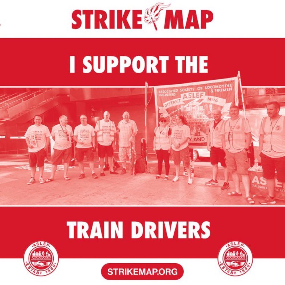 ❤️Solidarity greetings to all members of our affiliate @ASLEFunion, taking action tomorrow. 🪧Find your nearest picket here: strikemap.org/union/aslef #StrikeMap #TrainStrike @MickWhelanASLEF